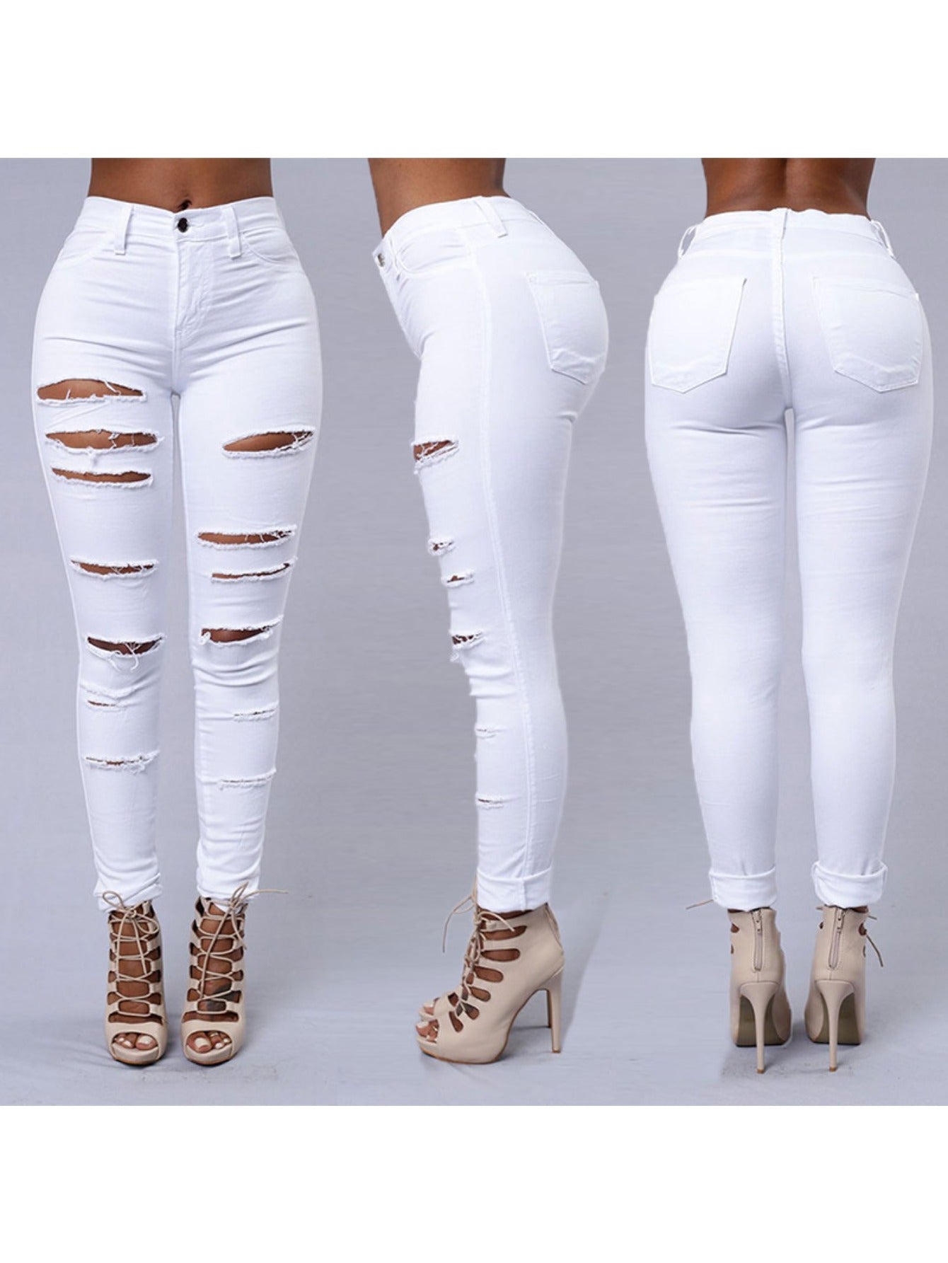 Women's High-Waist Skinny Jeans - White Distressed Stretch detail view