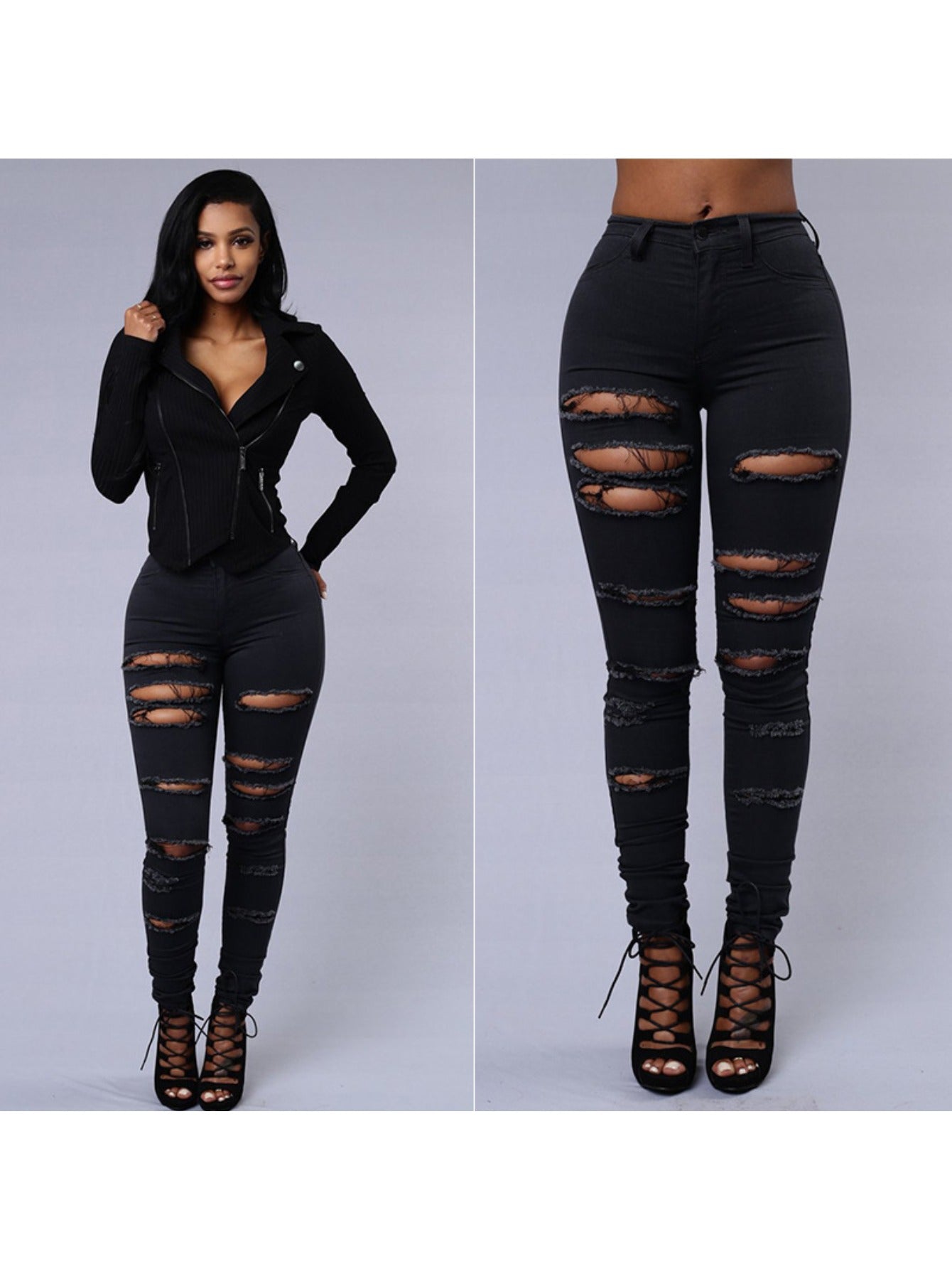 Women's High-Waist Skinny Jeans - White Distressed Stretch detail view