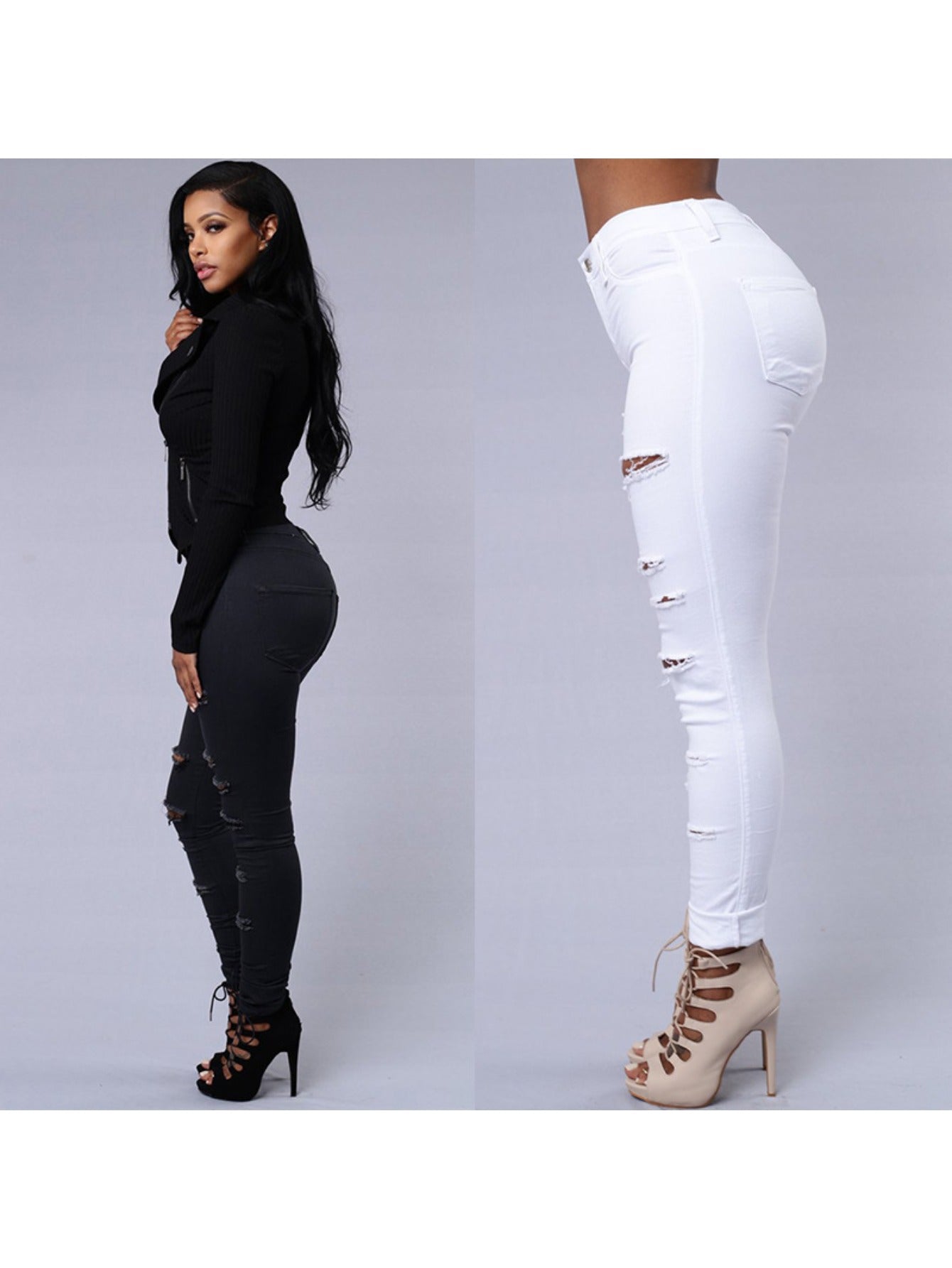 Women's High-Waist Skinny Jeans - White Distressed Stretch detail view