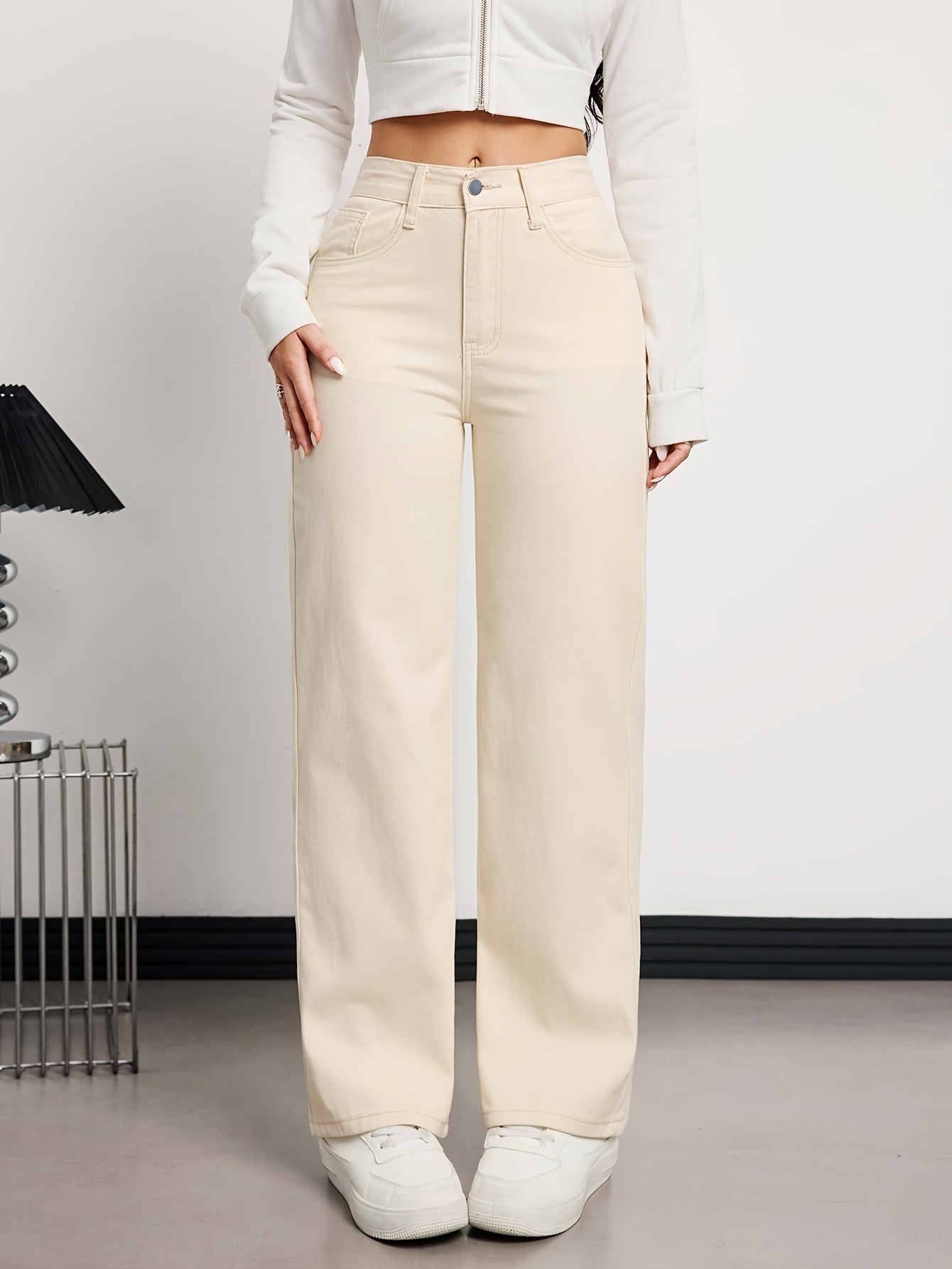 Women's High-Waist Straight Leg Jeans - Apricot detail view