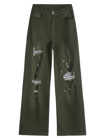 Women's High-Waist Straight Leg Jeans - Blue Distressed detail view