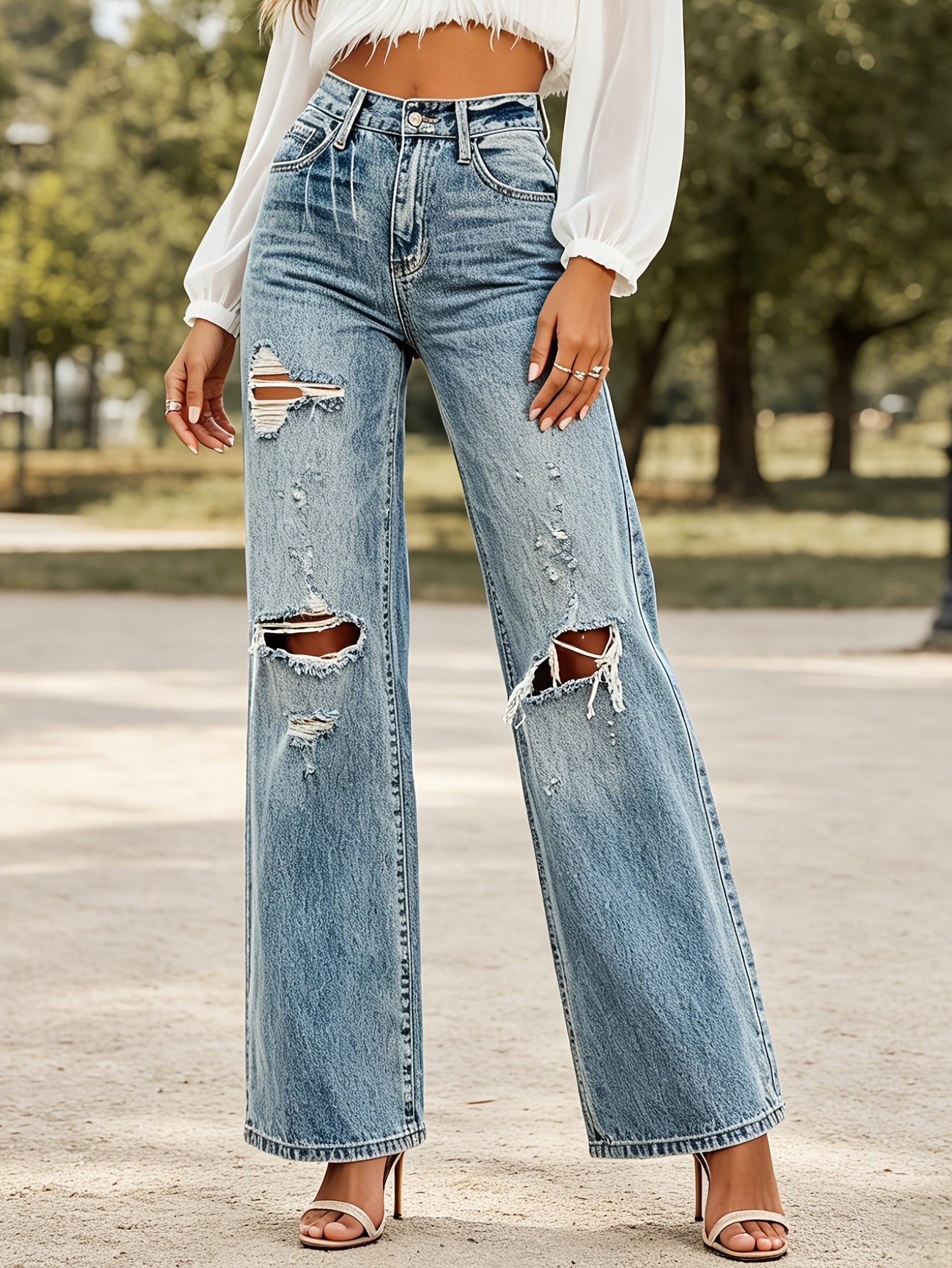 Women's High-Waist Straight Leg Jeans - Blue Distressed – Blue option – view 3
