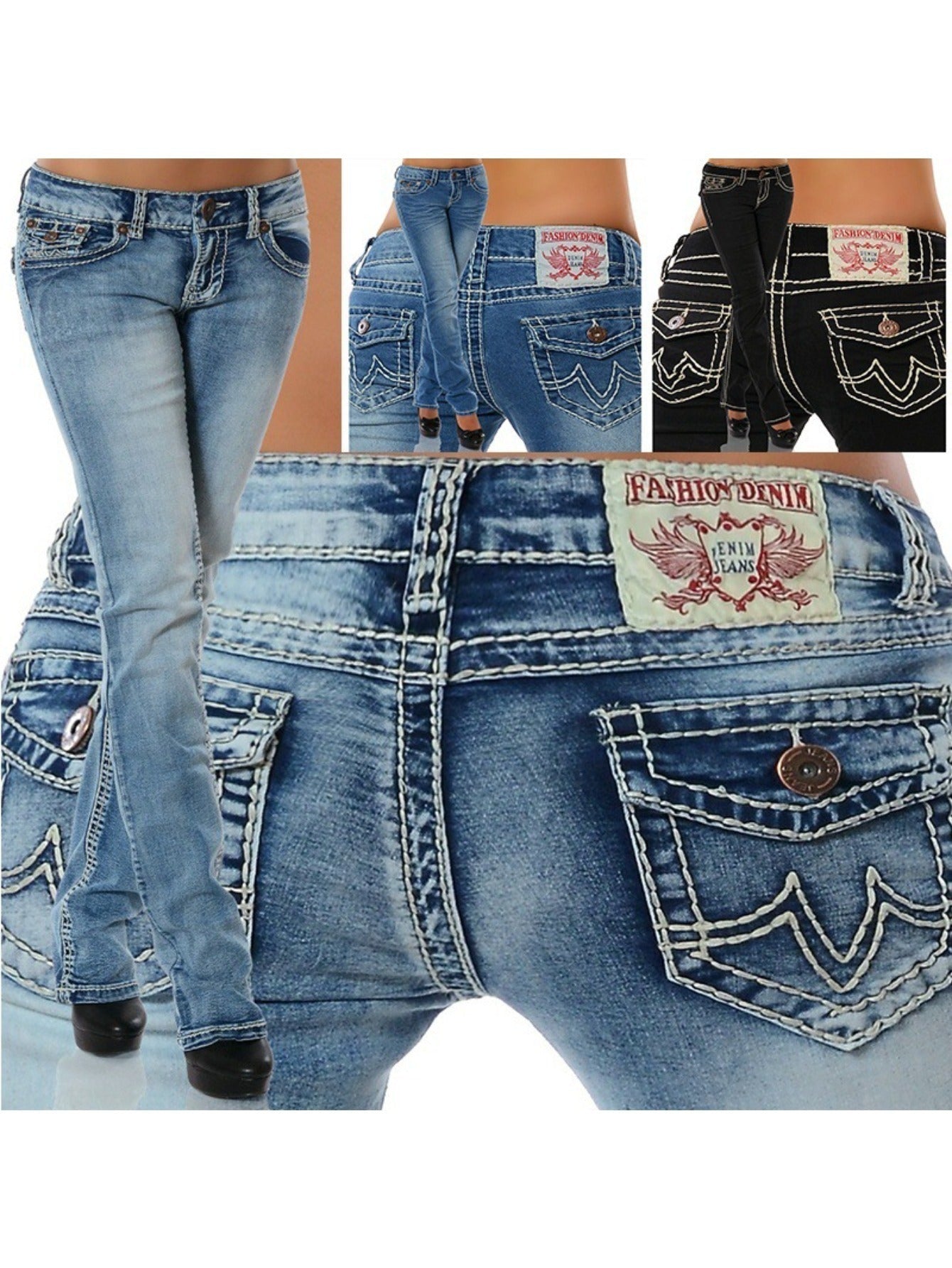 Women's High-Waist Straight Leg Jeans - Blue Embroidered detail view
