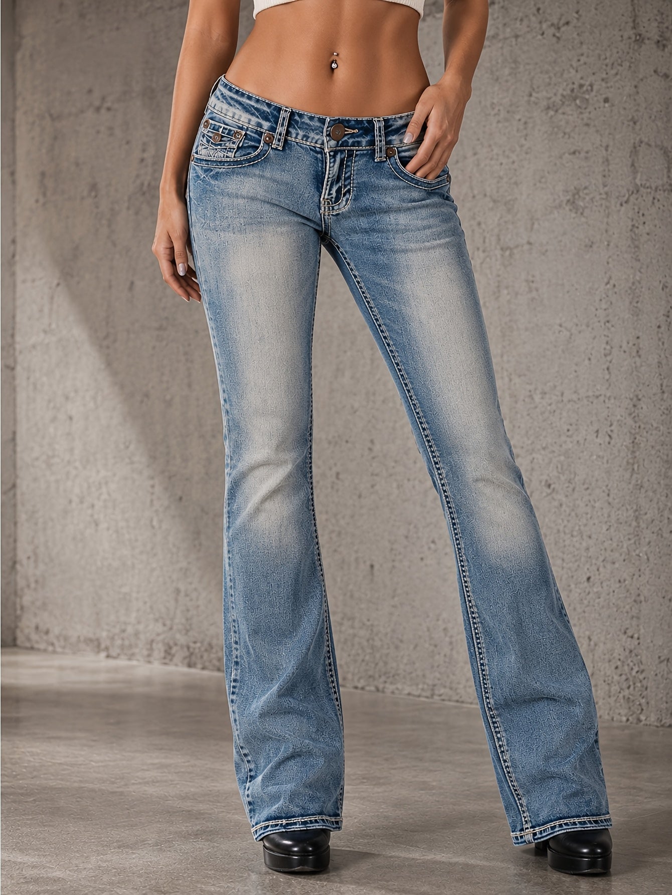 Women's High-Waist Straight Leg Jeans - Blue Embroidered detail view