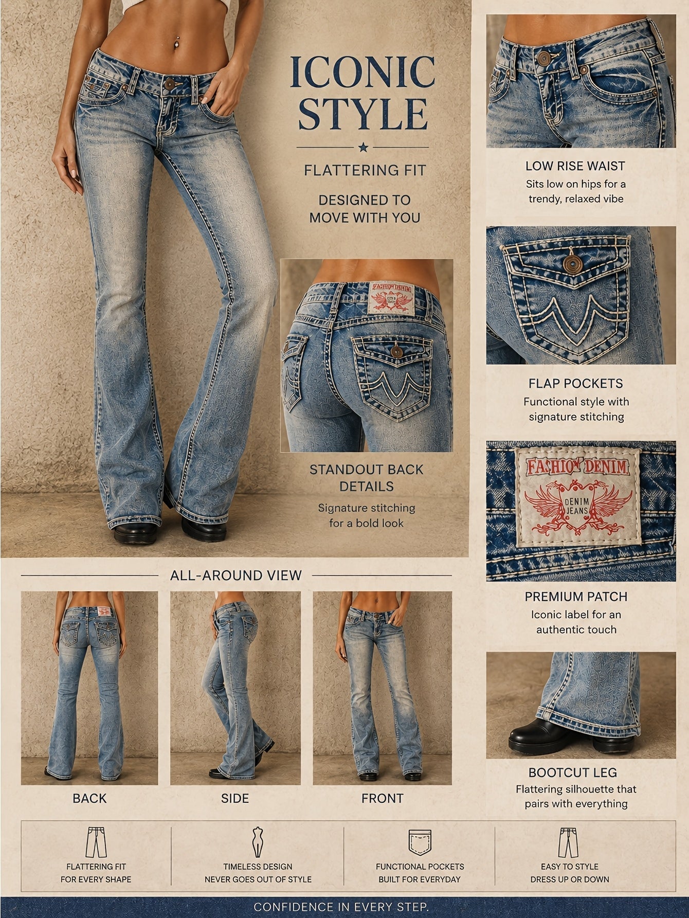 Women's High-Waist Straight Leg Jeans - Blue Embroidered detail view