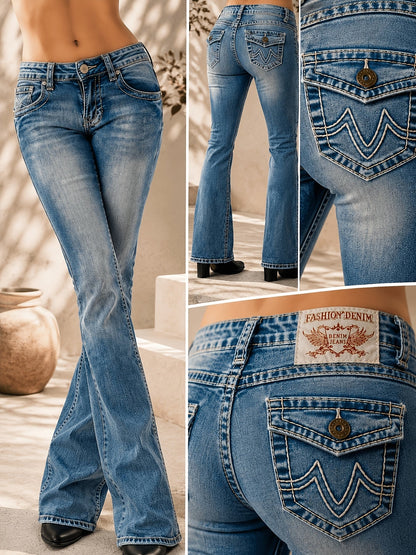 Women's High-Waist Straight Leg Jeans - Blue Embroidered detail view