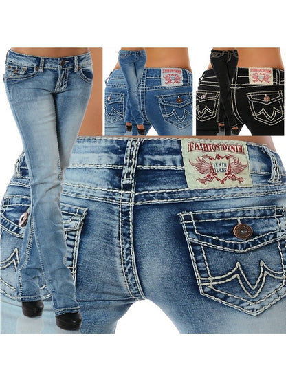 Women's High-Waist Straight Leg Jeans - Blue Embroidered detail view