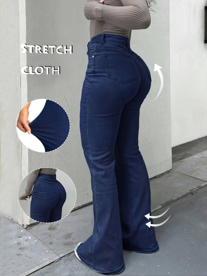 Women's High-Waist Straight Leg Jeans - Dark Blue Button Detail Stretch detail view