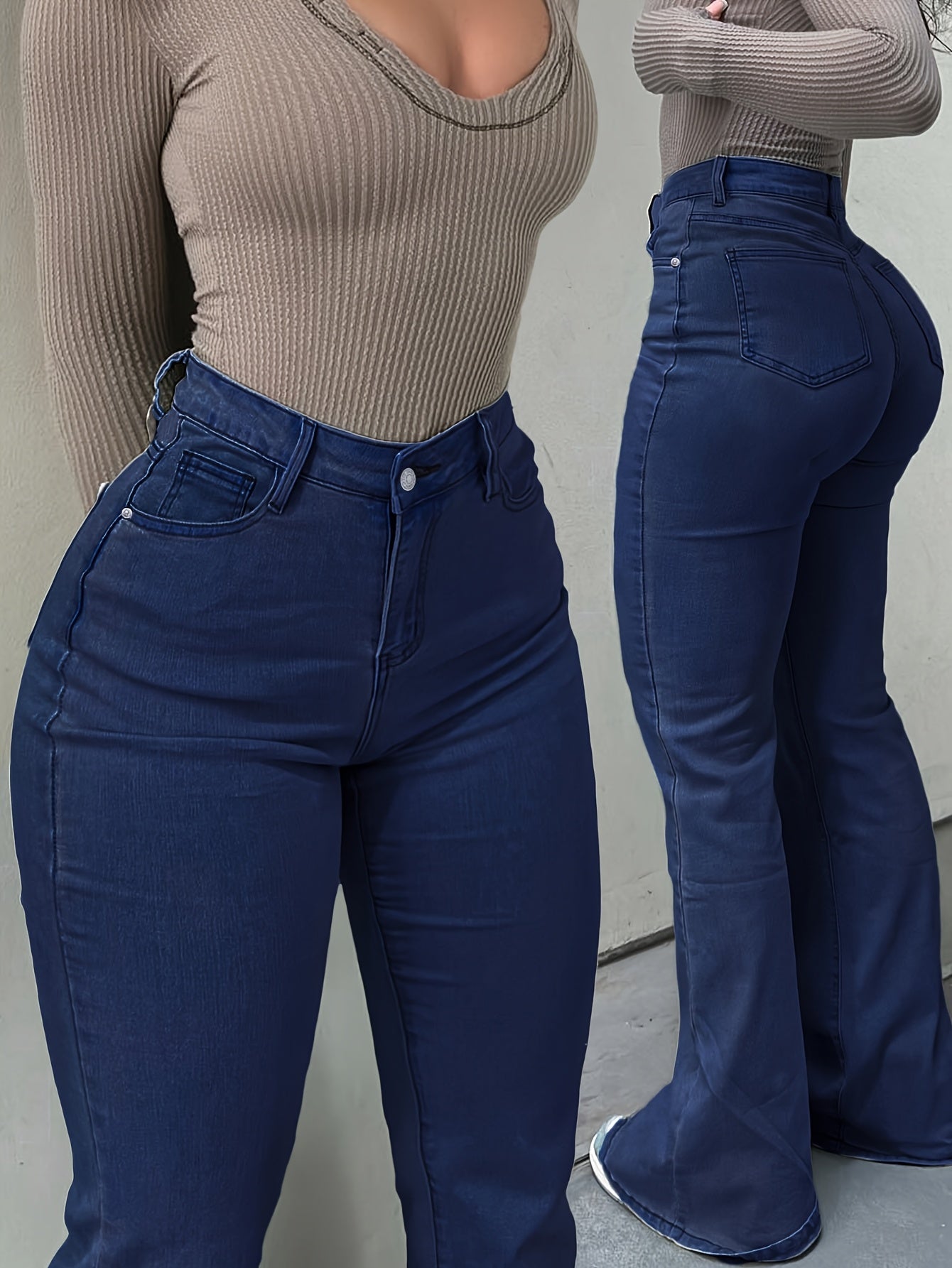 Women's High-Waist Straight Leg Jeans - Dark Blue Button Detail Stretch detail view