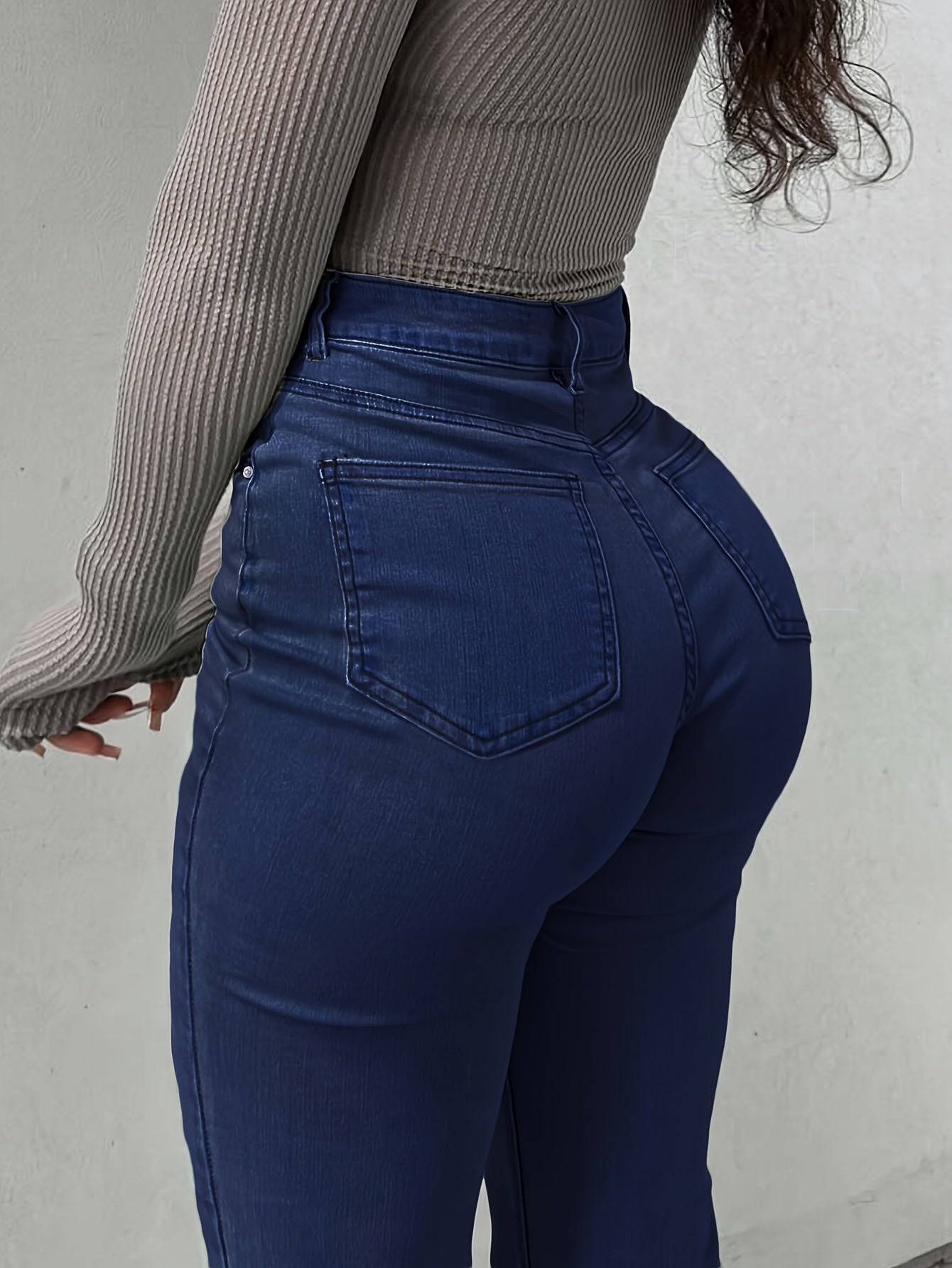 Women's High-Waist Straight Leg Jeans - Dark Blue Button Detail Stretch detail view