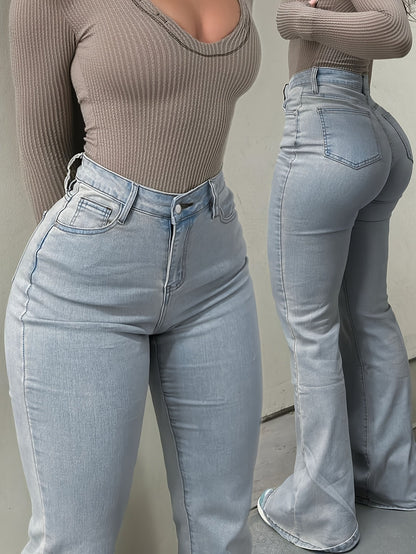 Women's High-Waist Straight Leg Jeans - Dark Blue Button Detail Stretch detail view