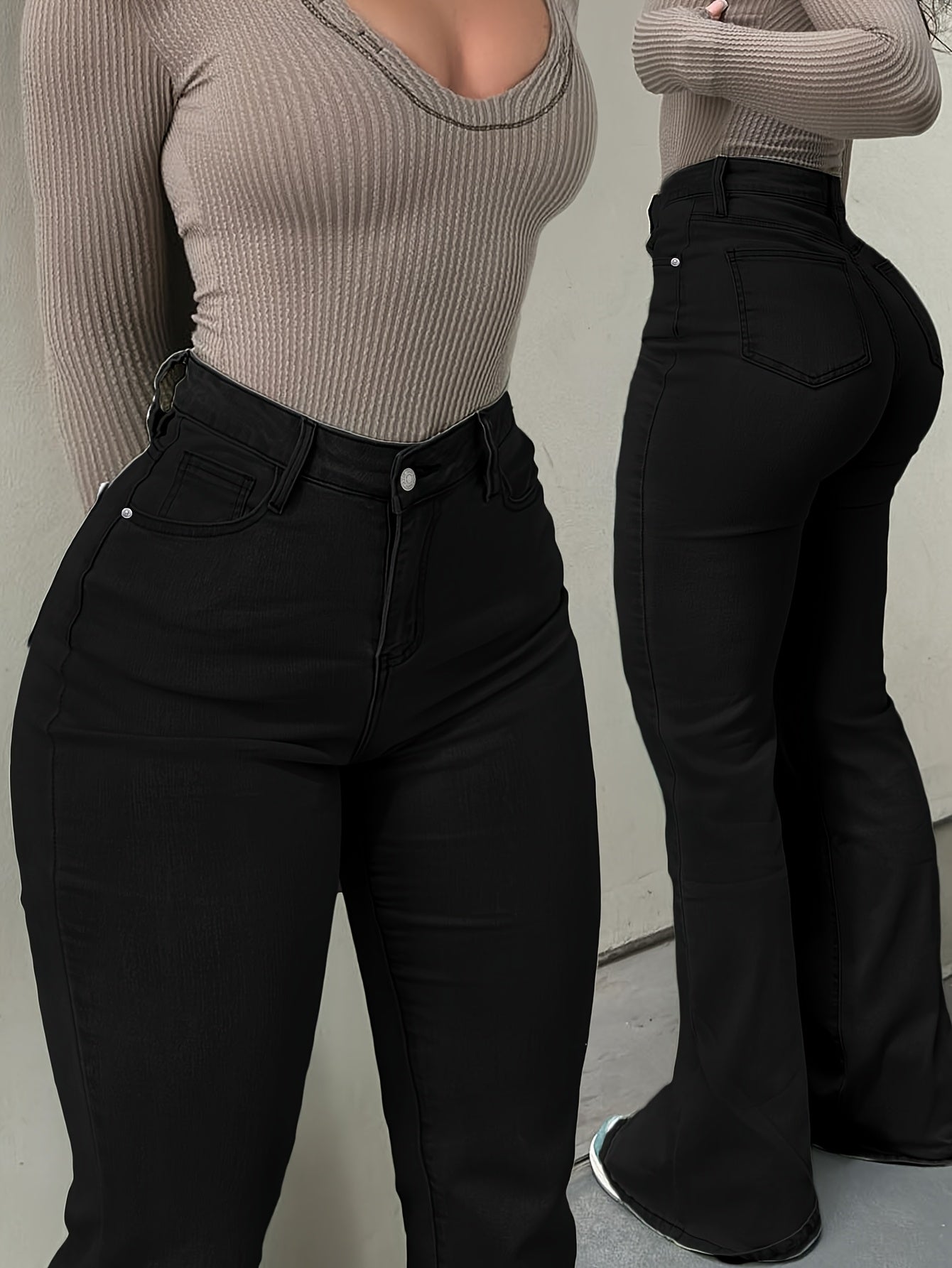 Women's High-Waist Straight Leg Jeans - Dark Blue Button Detail Stretch detail view