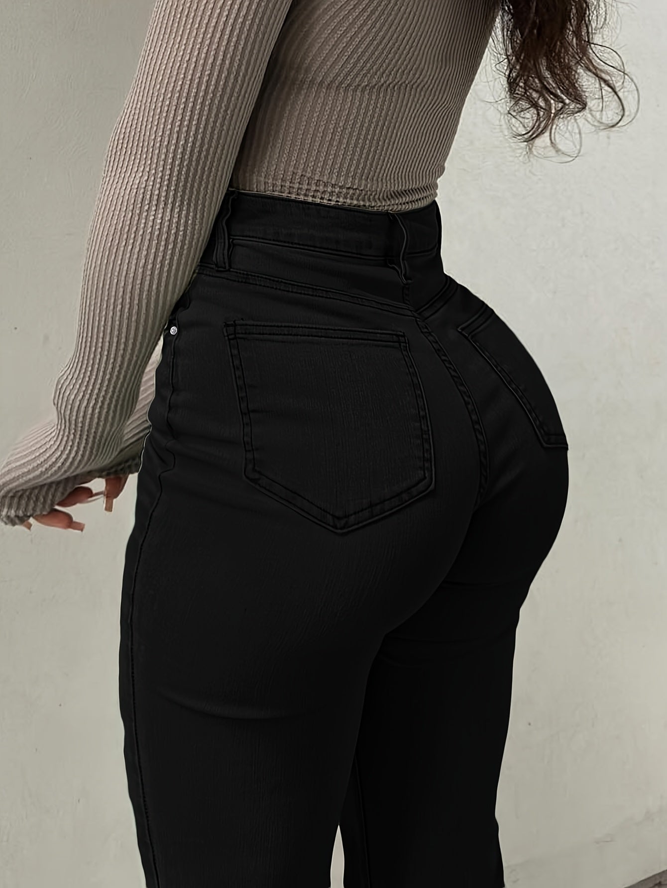 Women's High-Waist Straight Leg Jeans - Dark Blue Button Detail Stretch detail view