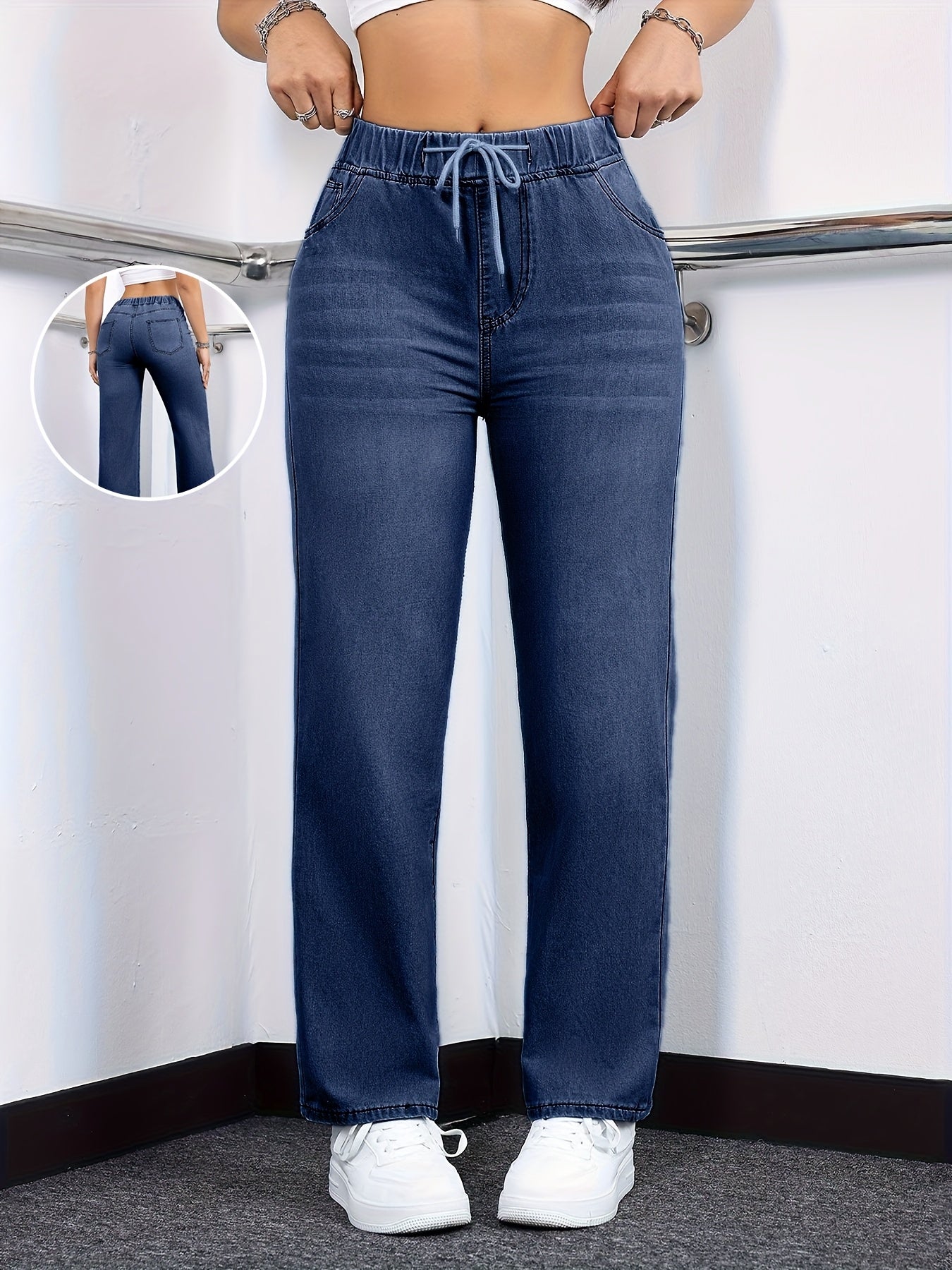 Women's High-Waist Straight Leg Jeans - Deep Blue Vintage Wash Stretch – Blue option – view 3