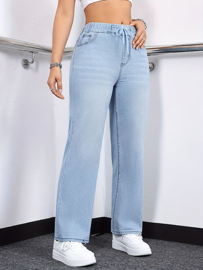 Women's High-Waist Straight Leg Jeans - Deep Blue Vintage Wash Stretch detail view