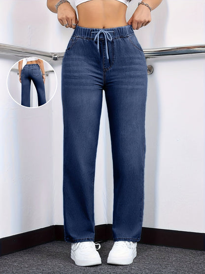 Women's High-Waist Straight Leg Jeans - Deep Blue Vintage Wash Stretch detail view