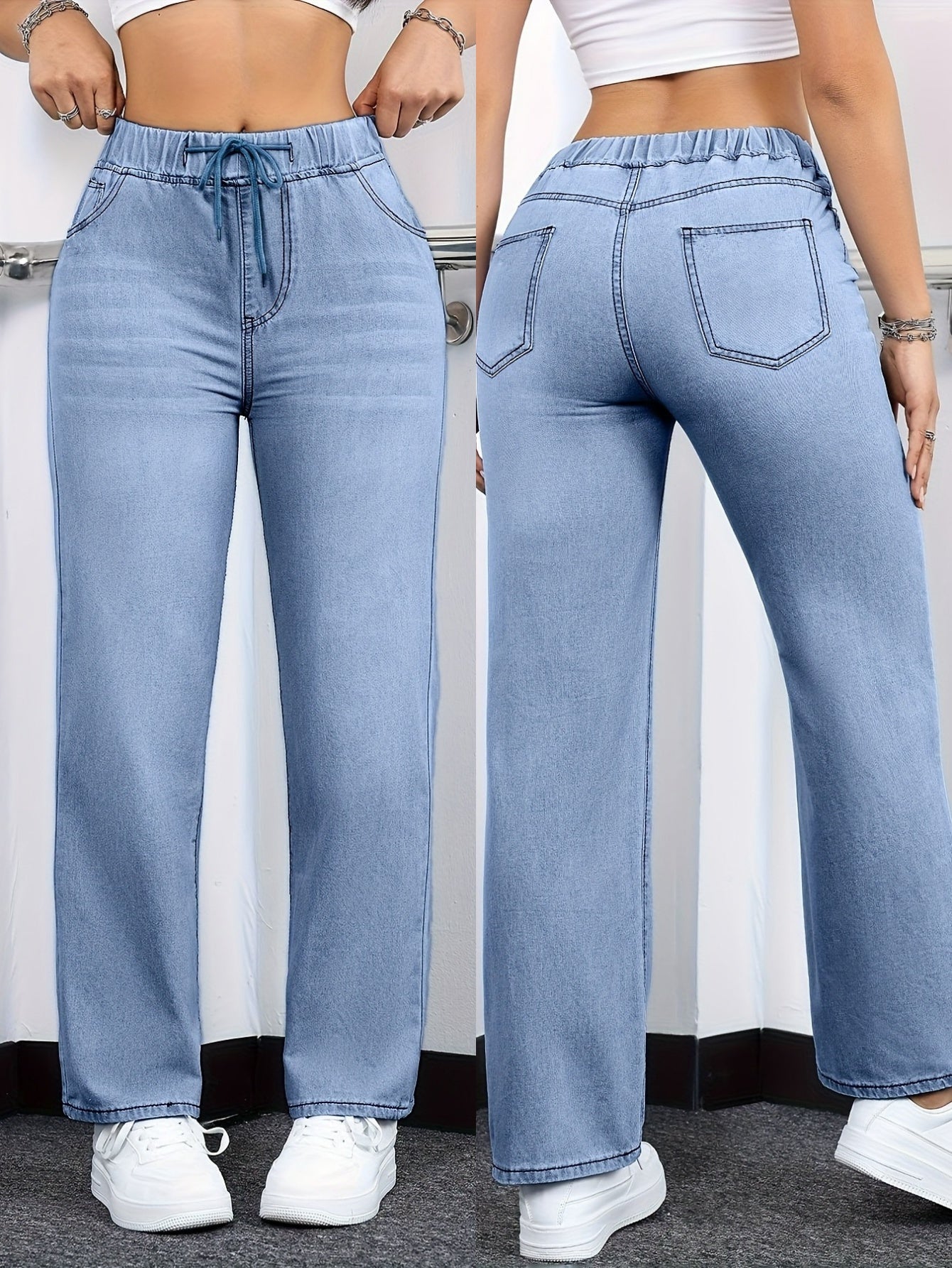 Women's High-Waist Straight Leg Jeans - Deep Blue Vintage Wash Stretch detail view