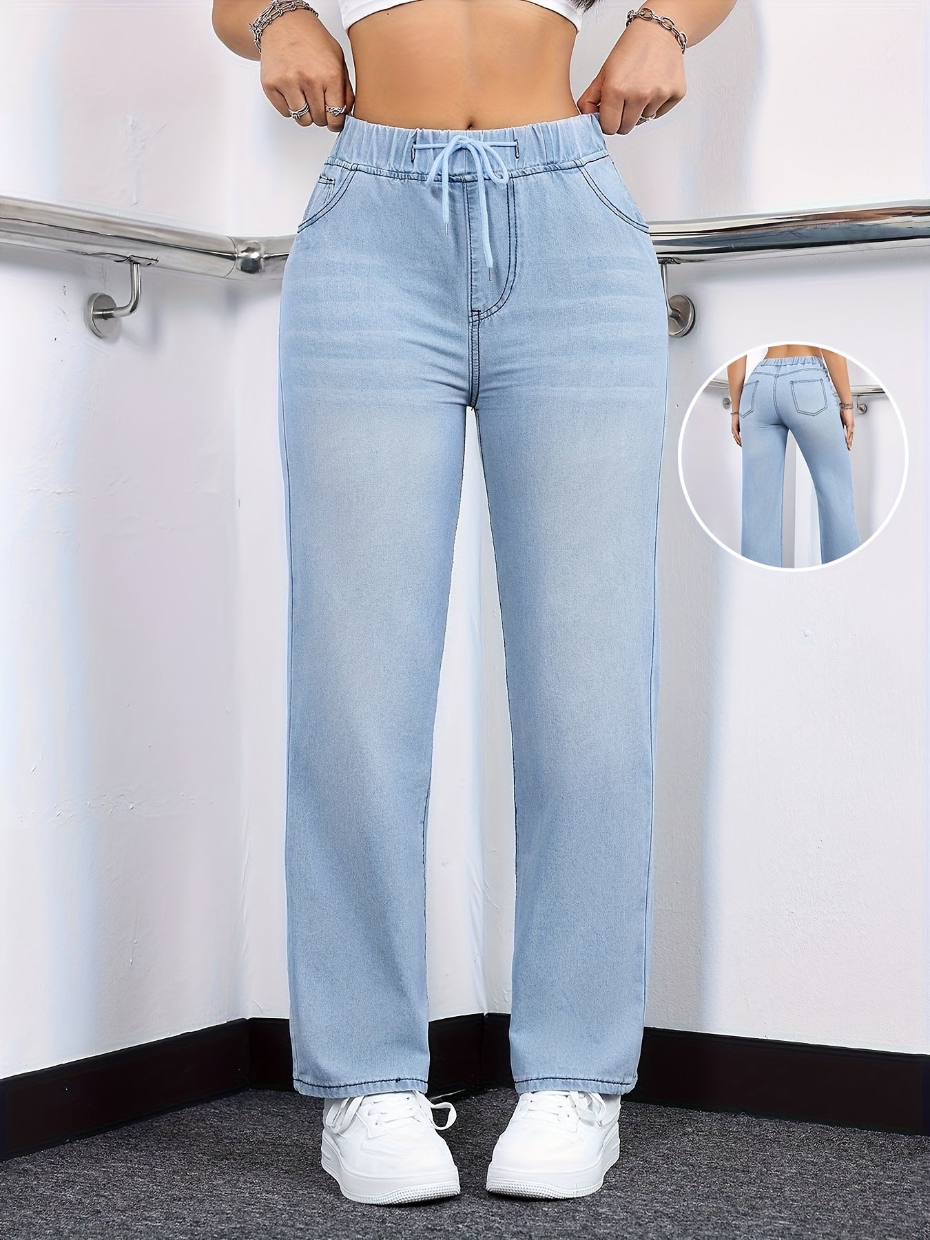 Women's High-Waist Straight Leg Jeans - Deep Blue Vintage Wash Stretch detail view