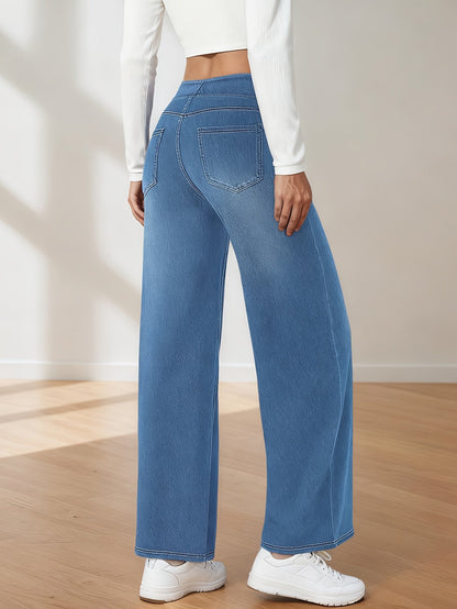 Women's High-Waist Straight Leg Jeans - Green Pocket Detail detail view