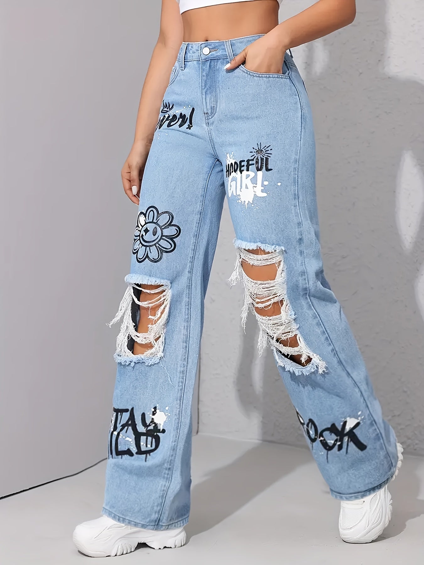 Women's High-Waist Straight Leg Jeans - Light Blue Distressed detail view