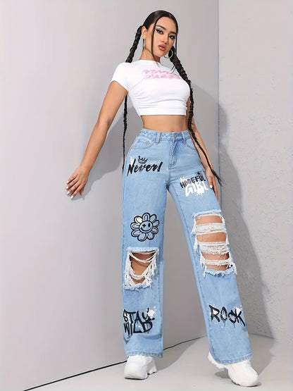 Women's High-Waist Straight Leg Jeans - Light Blue Distressed detail view