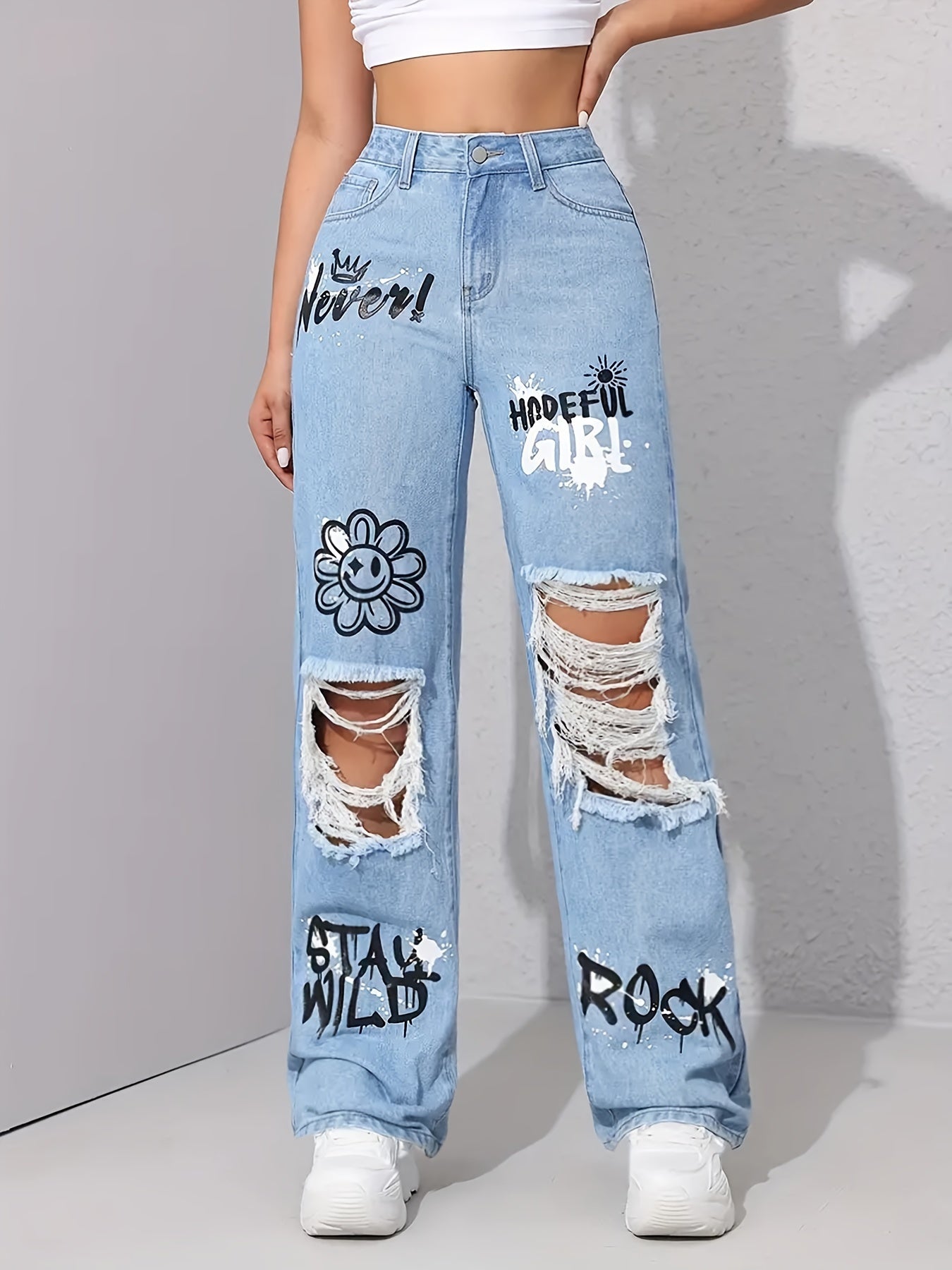 Women's High-Waist Straight Leg Jeans - Light Blue Distressed detail view