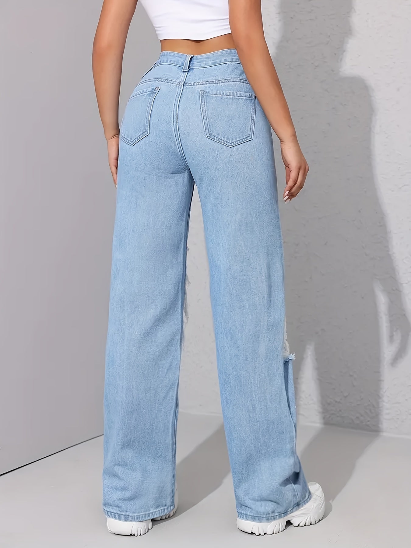 Women's High-Waist Straight Leg Jeans - Light Blue Distressed detail view