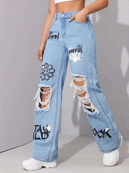 Women's High-Waist Straight Leg Jeans - Light Blue Distressed detail view