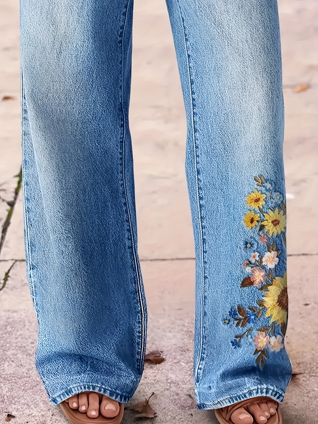 Women's High-Waist Straight Leg Jeans - Light Blue Embroidered detail view