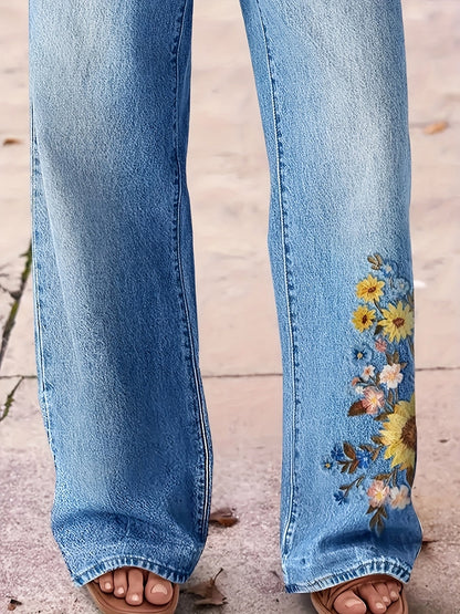 Women's High-Waist Straight Leg Jeans - Light Blue Embroidered detail view