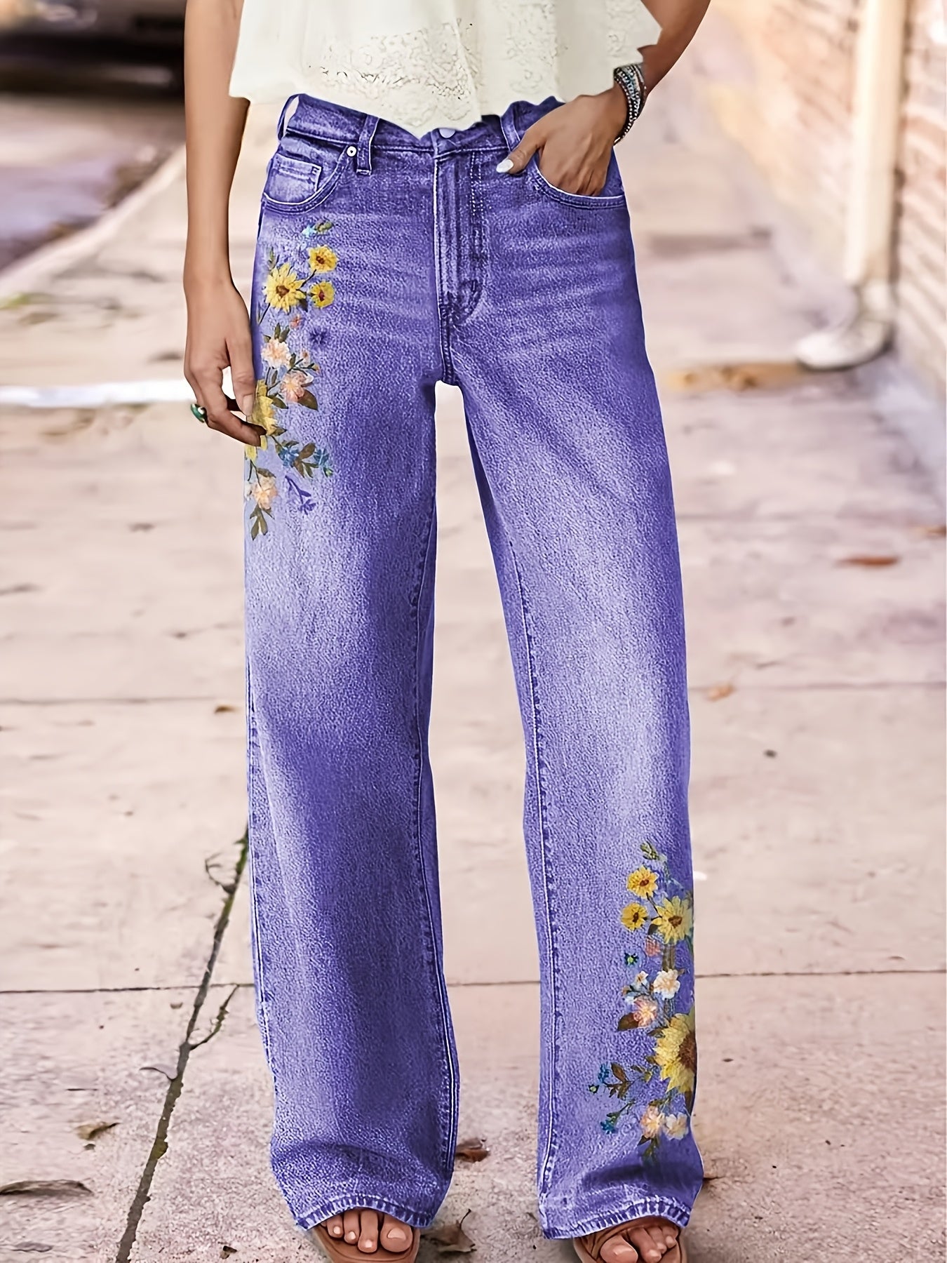 Women's High-Waist Straight Leg Jeans - Light Blue Embroidered – Blue option – view 5