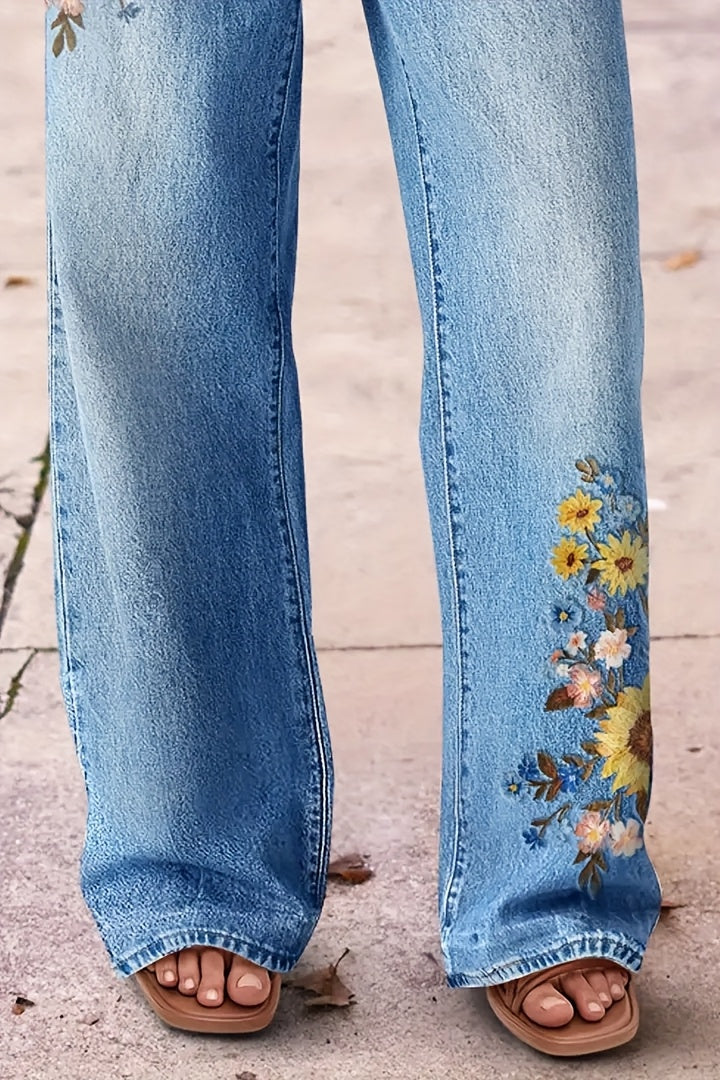 Women's High-Waist Straight Leg Jeans - Light Blue Embroidered detail view