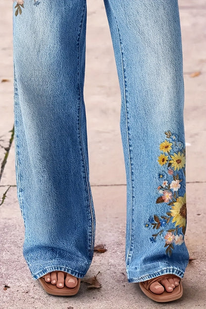 Women's High-Waist Straight Leg Jeans - Light Blue Embroidered detail view