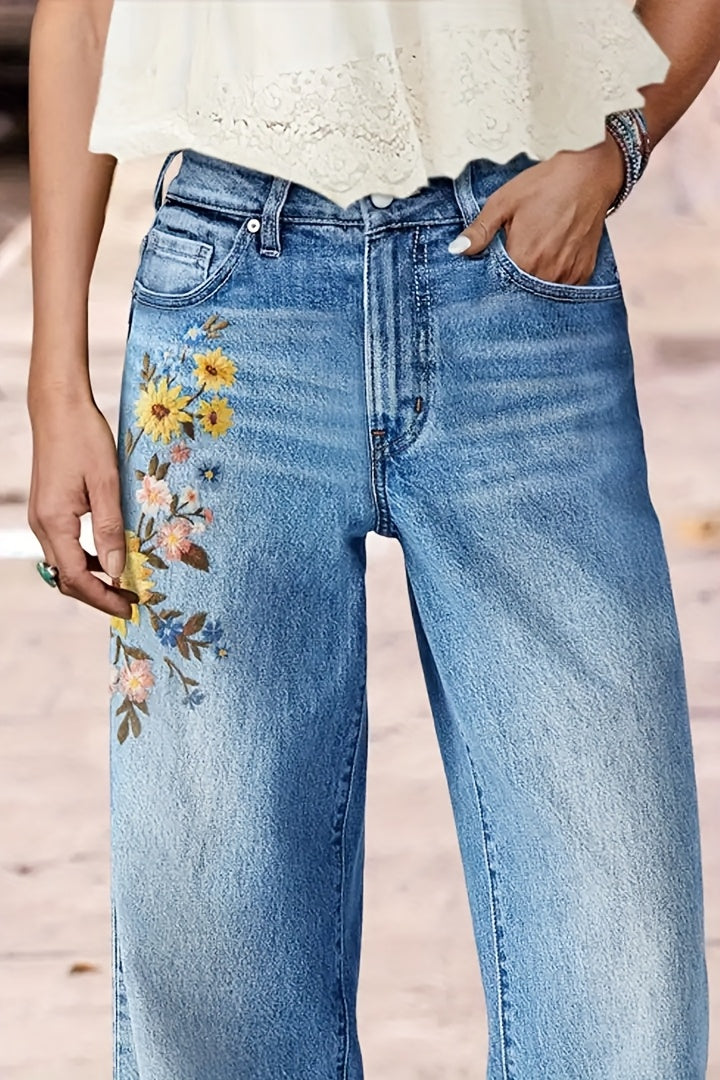 Women's High-Waist Straight Leg Jeans - Light Blue Embroidered detail view