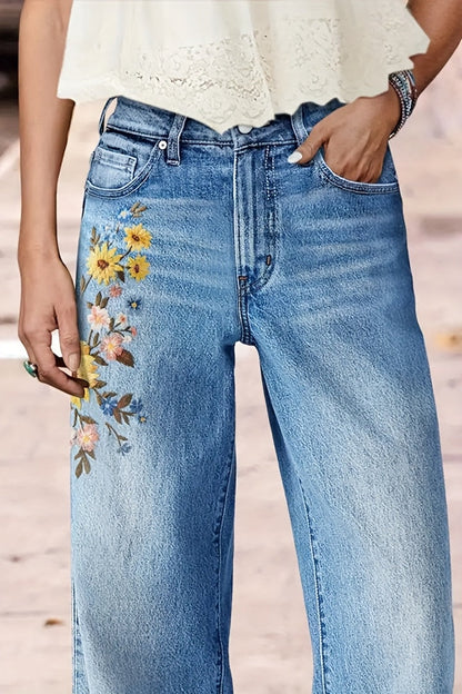 Women's High-Waist Straight Leg Jeans - Light Blue Embroidered detail view