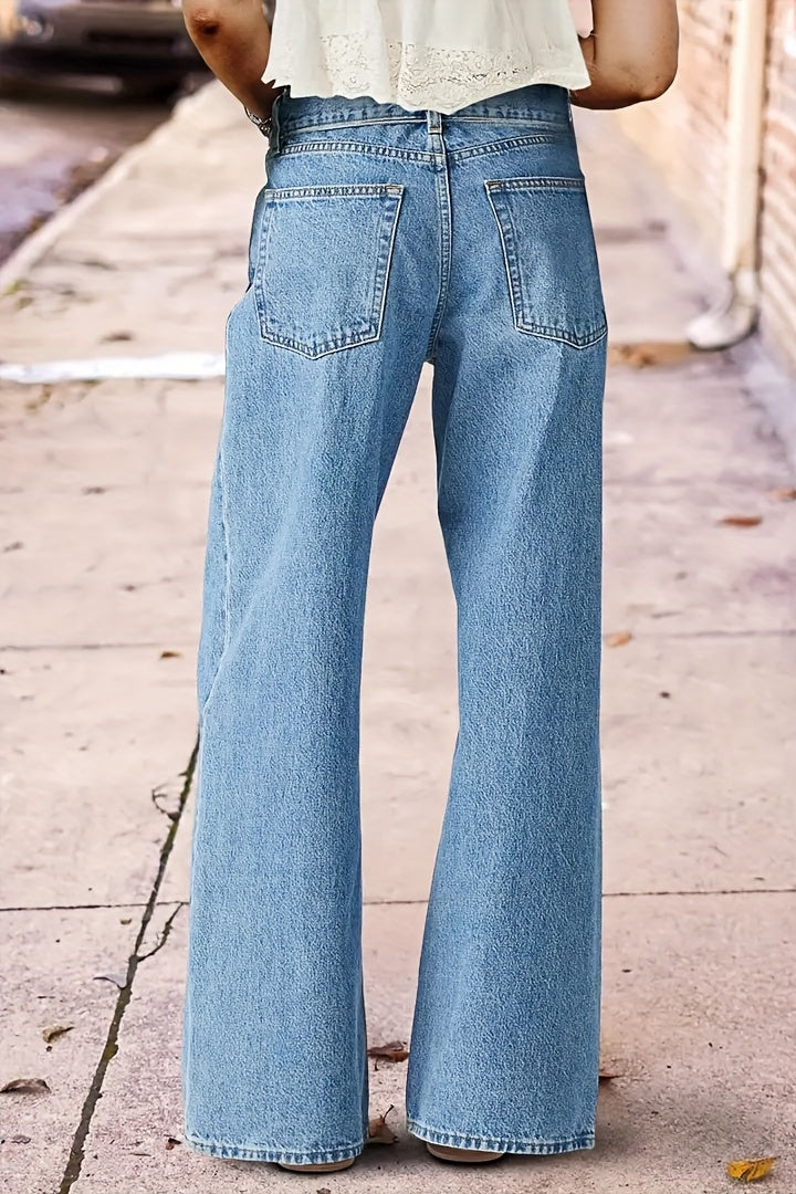 Women's High-Waist Straight Leg Jeans - Light Blue Embroidered detail view