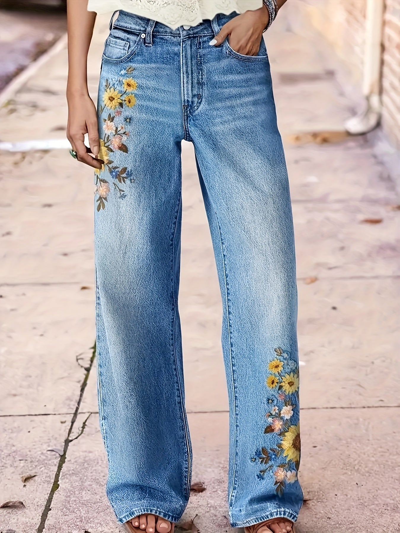 Women's High-Waist Straight Leg Jeans - Light Blue Embroidered detail view