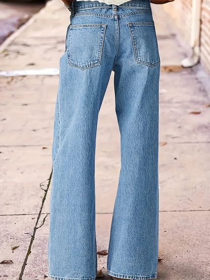 Women's High-Waist Straight Leg Jeans - Light Blue Embroidered detail view