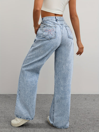 Women's High-Waist Straight Leg Jeans - Light Blue Light Wash Embroidered detail view