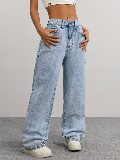 Women's High-Waist Straight Leg Jeans - Light Blue Light Wash Embroidered detail view
