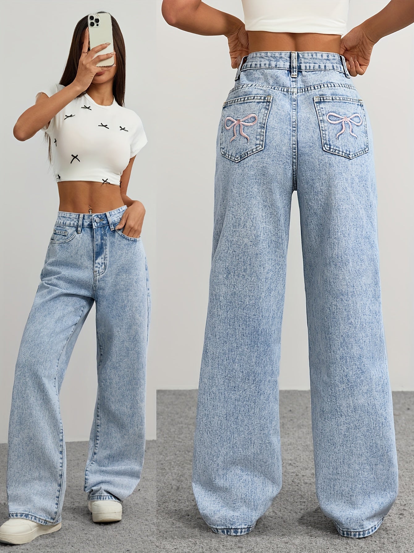 Women's High-Waist Straight Leg Jeans - Light Blue Light Wash Embroidered detail view
