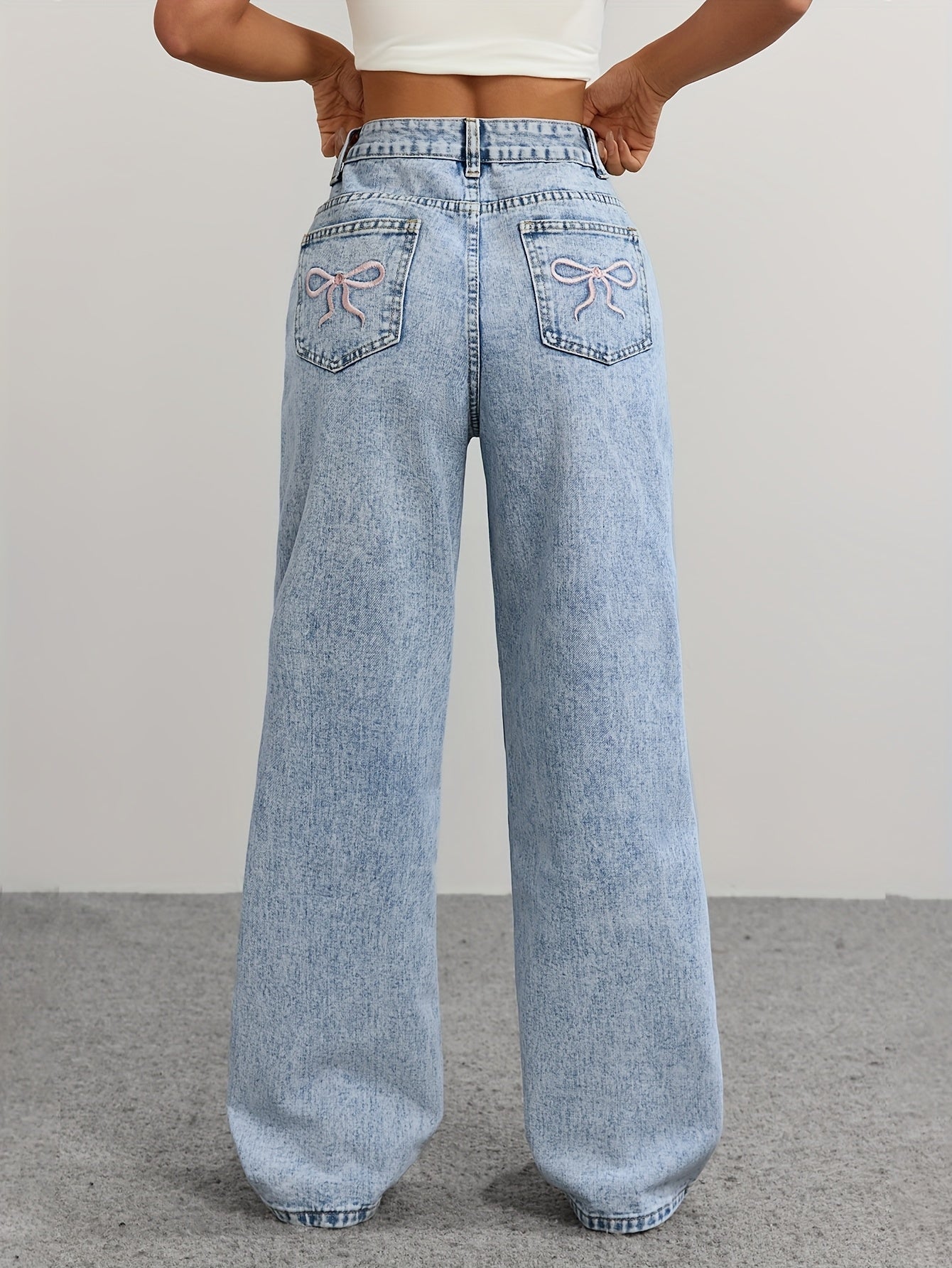 Women's High-Waist Straight Leg Jeans - Light Blue Light Wash Embroidered detail view