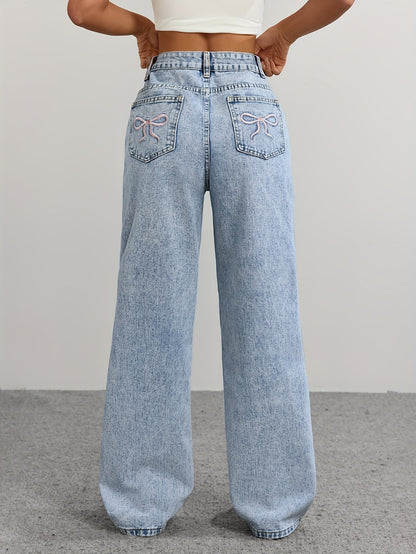 Women's High-Waist Straight Leg Jeans - Light Blue Light Wash Embroidered detail view