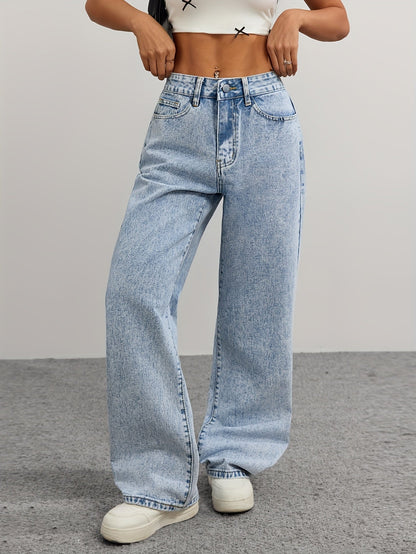 Women's High-Waist Straight Leg Jeans - Light Blue Light Wash Embroidered detail view