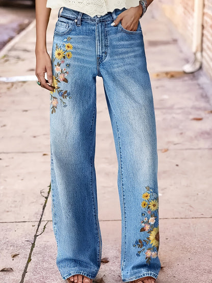 Women's High-Waist Straight Leg Jeans - Light Blue Light Wash Embroidered Casual detail view
