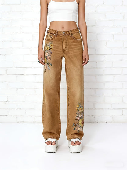 Women's High-Waist Straight Leg Jeans - Light Blue Light Wash Embroidered Casual detail view