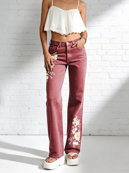 Women's High-Waist Straight Leg Jeans - Light Blue Light Wash Embroidered Casual detail view