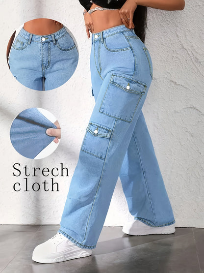 Women's High-Waist Straight Leg Jeans - Light Blue Pocket Detail Stretch detail view