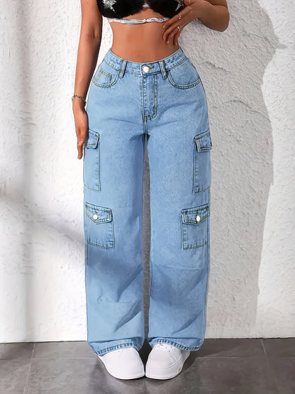 Women's High-Waist Straight Leg Jeans - Light Blue Pocket Detail Stretch detail view