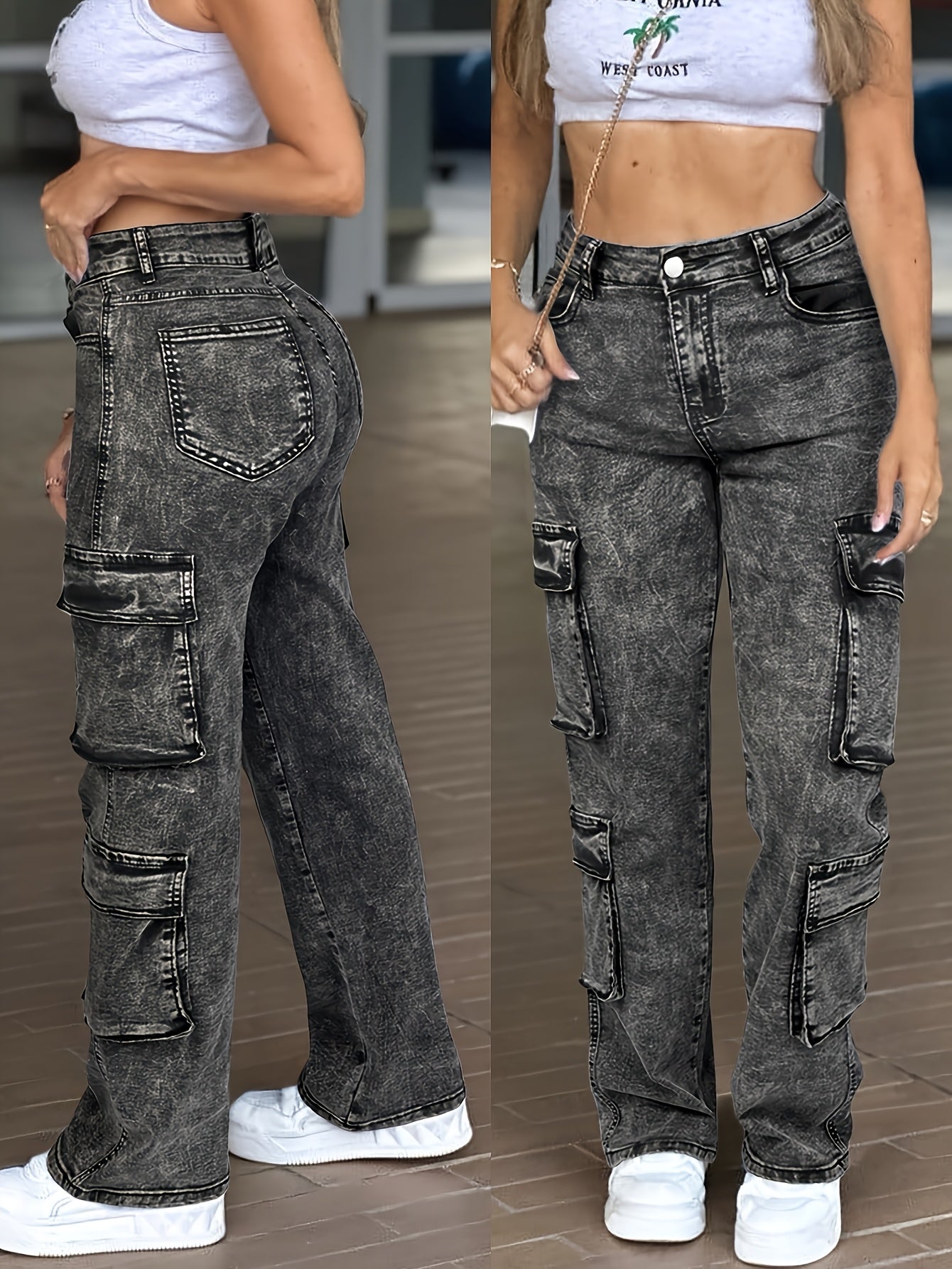 Women's High-Waist Straight Leg Jeans - Light Blue Pocket Detail Stretch All-Season – Blue option – view 3